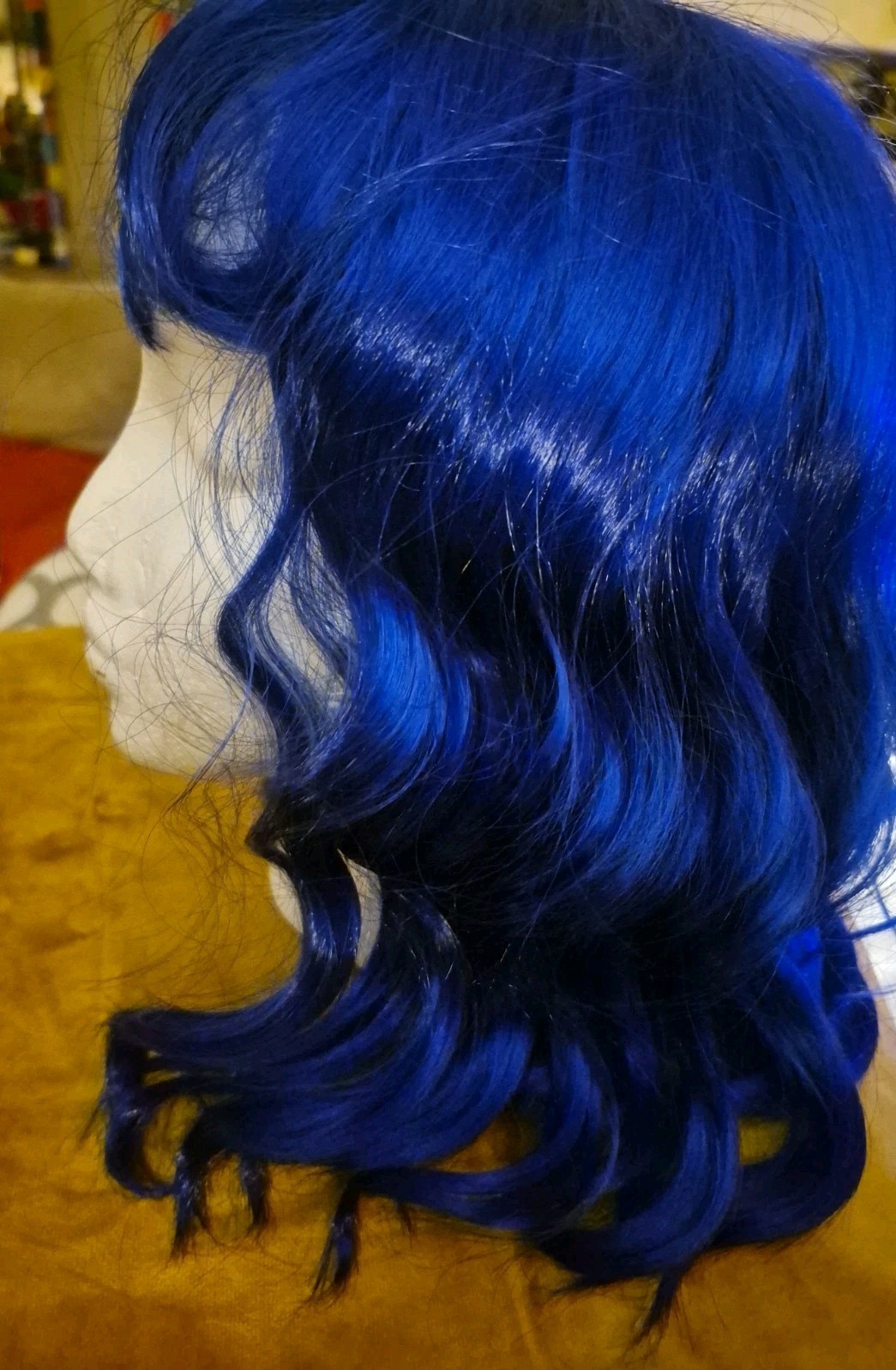 Blue Curly Wavy Bangs Medium Length Women Wig Synthetic Cosplay Anime Wig
