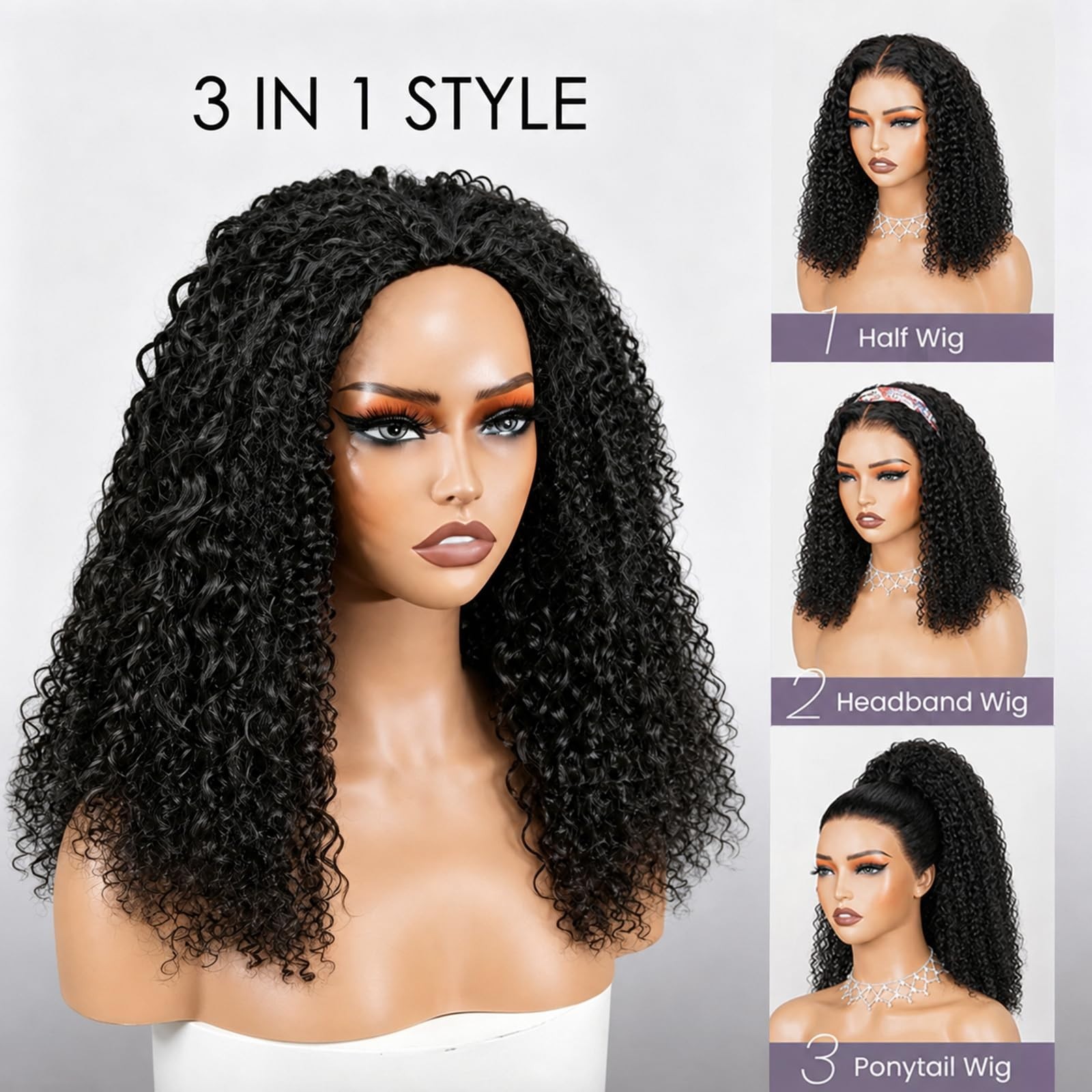 180 Density 14 Inch Half Wig Human Hair Glueless Drawstring Clip-In Water Wave f