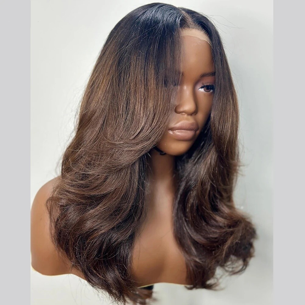 4×4 Lace Closure Wig With Layered Bangs 100% Human Hair Layered Wavy Wig