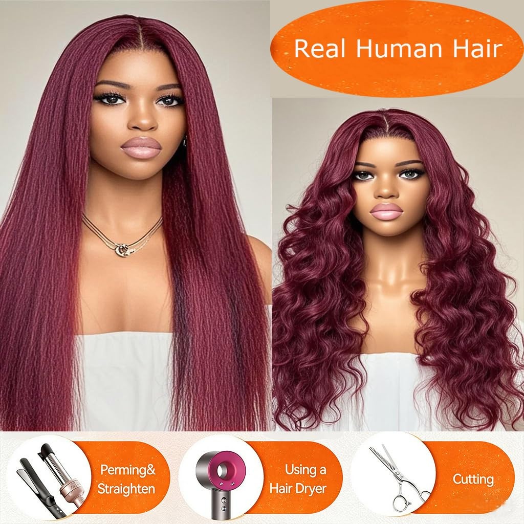 13×4 Kinky Straigh 99J Burgundy Human Hair Transparent Lace