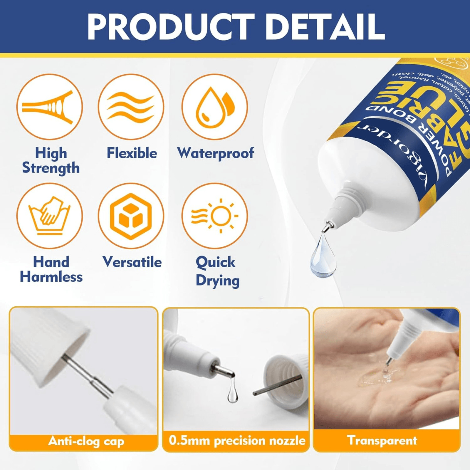 Vigorder Permanent Fabric Glue 60ml Washable Liquid Stitch