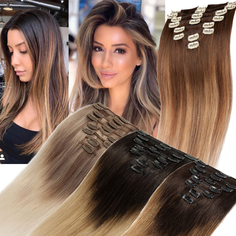 8PCS Clip In Hair Extensions 100% Real Soft Human Hair Weft Any Color 14″-24″ US