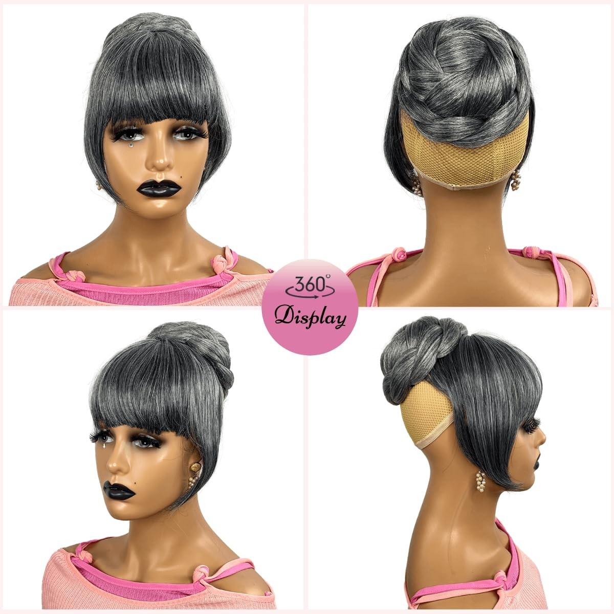 Gray Bun & Bangs Set 2PCS – Salt and Pepper Grey Clip in French Bangs with Tw…