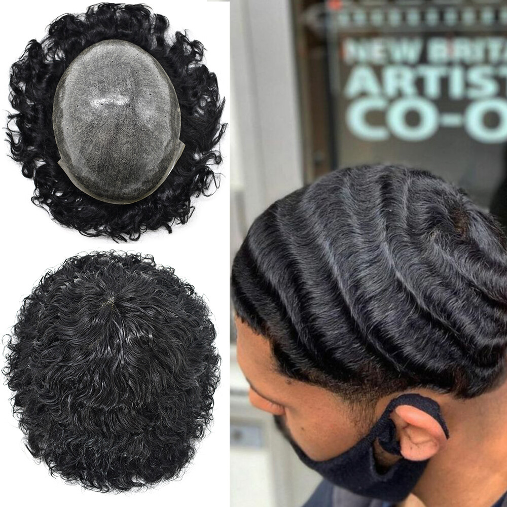 Afro Curly Toupee For Black Men Full Poly PU Skin Hairpiece Hair Replacement Wig