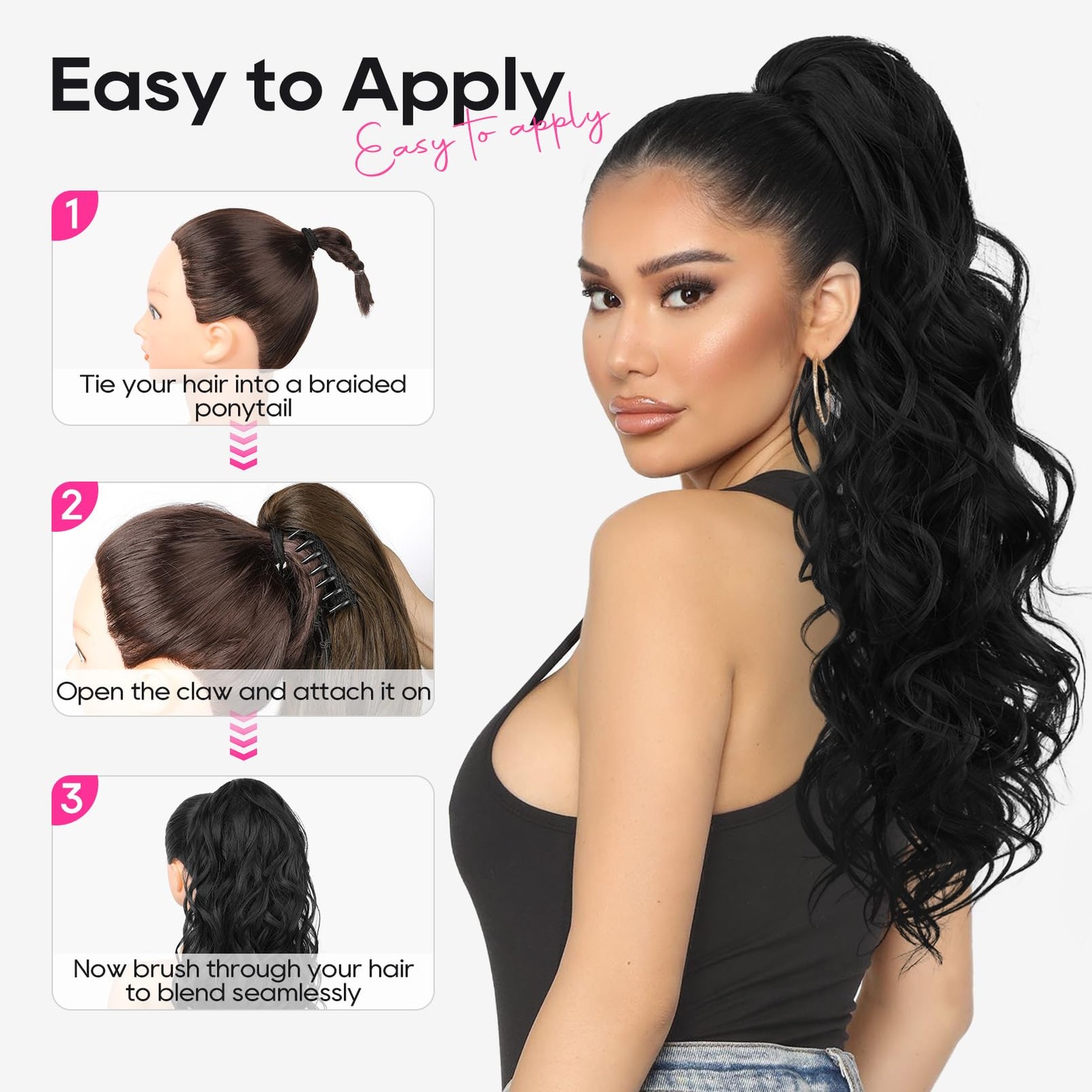 Ponytail Extension, 24″ Claw Clip in Long Curly Wavy Ponytail Hair Extension …