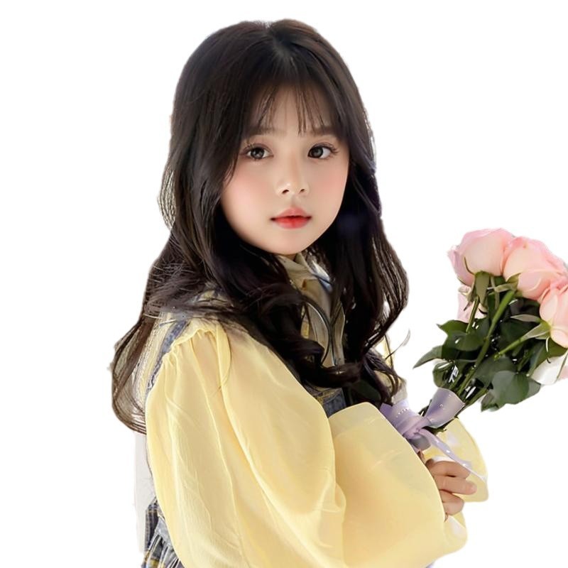 Child Wig Long Curly Wavy Hair with Bangs Big Waves Wearing BOBO Hair Wig