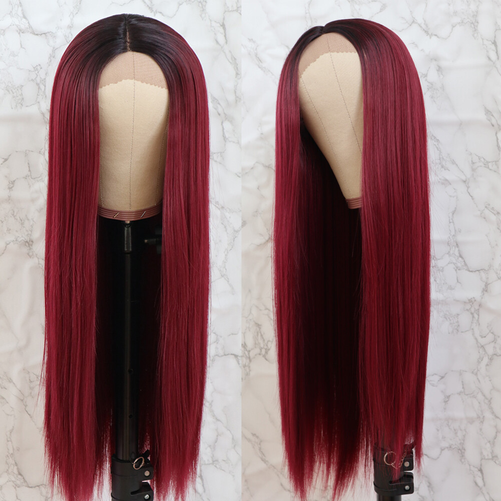 Long Straight Soft Hair Ombre Burgundy Synthetic Lace Front Wigs Heat Resistant