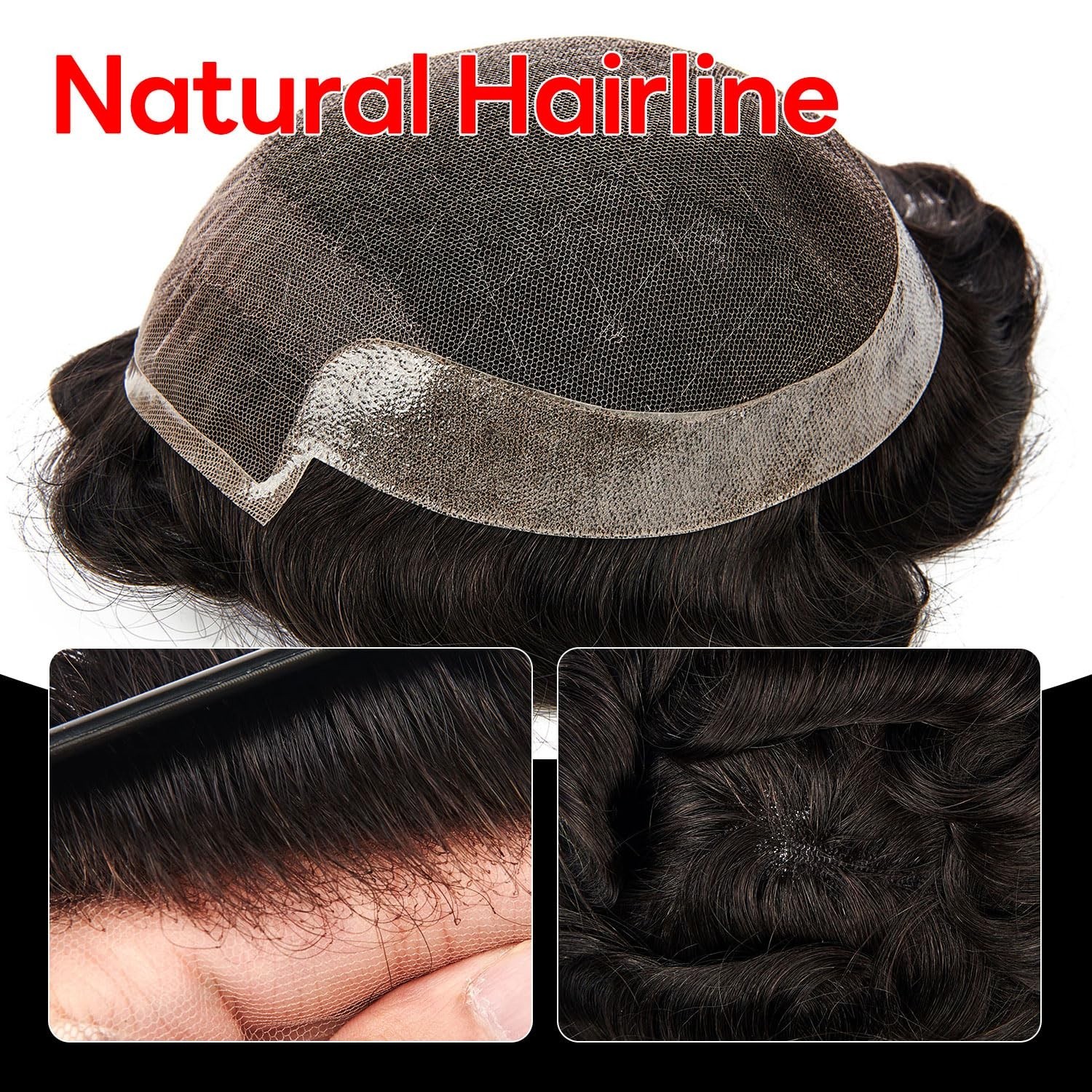 Mens Toupee French Lace Front Hairpiece Poly Skin PU Hair System Replacement US