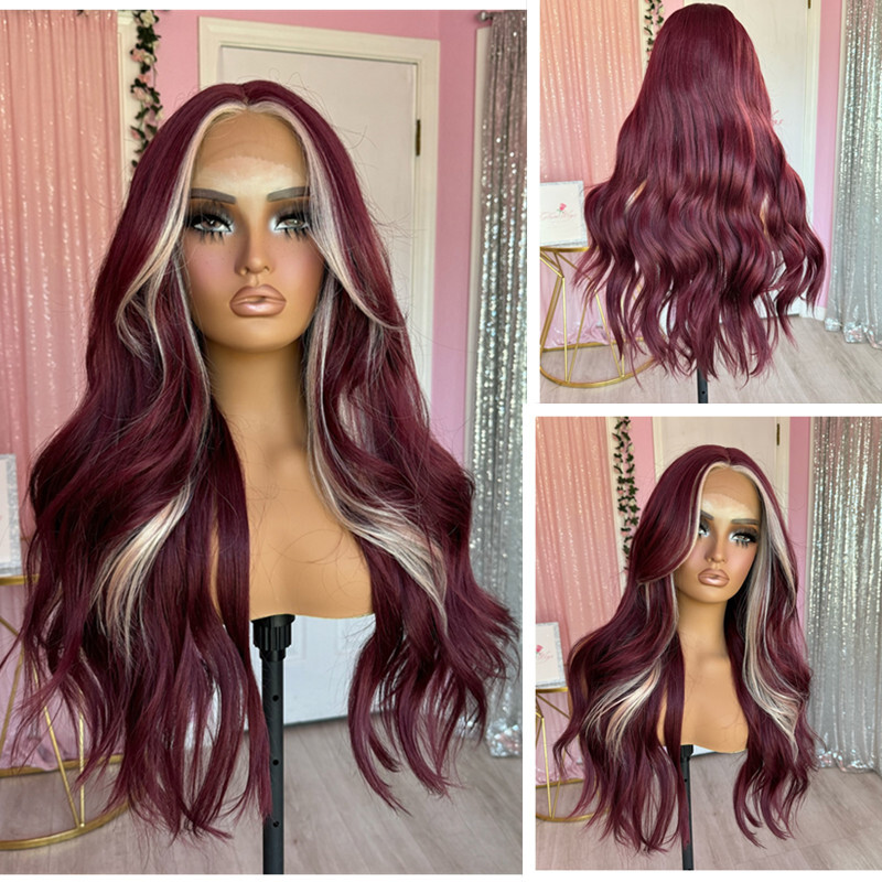 Burgundy Red with Blonde Highlight 13×4 Lace Front Wigs Human Hair Wig Body Wave