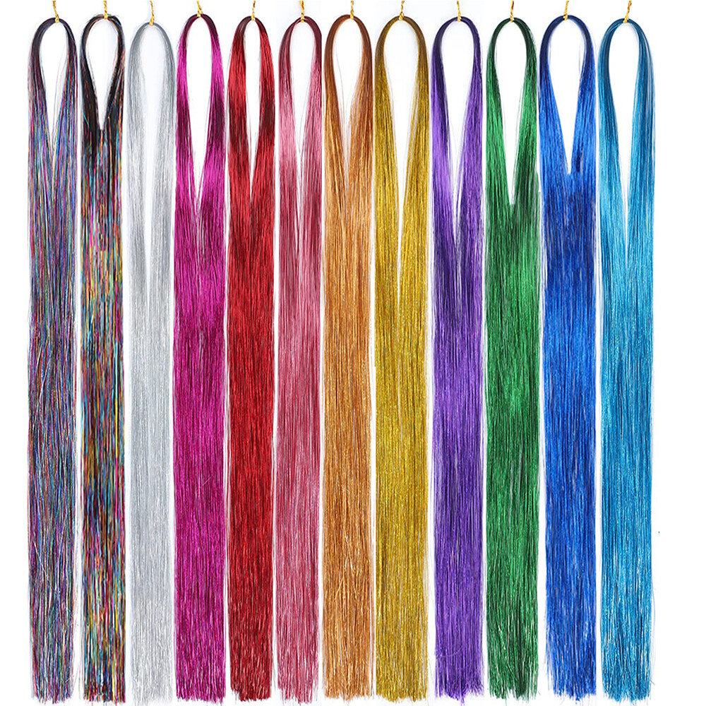 12 Colors 2400 Strands Hair Tinsel Kits Glitter Hair Extensions w/ Tool 47 Inch