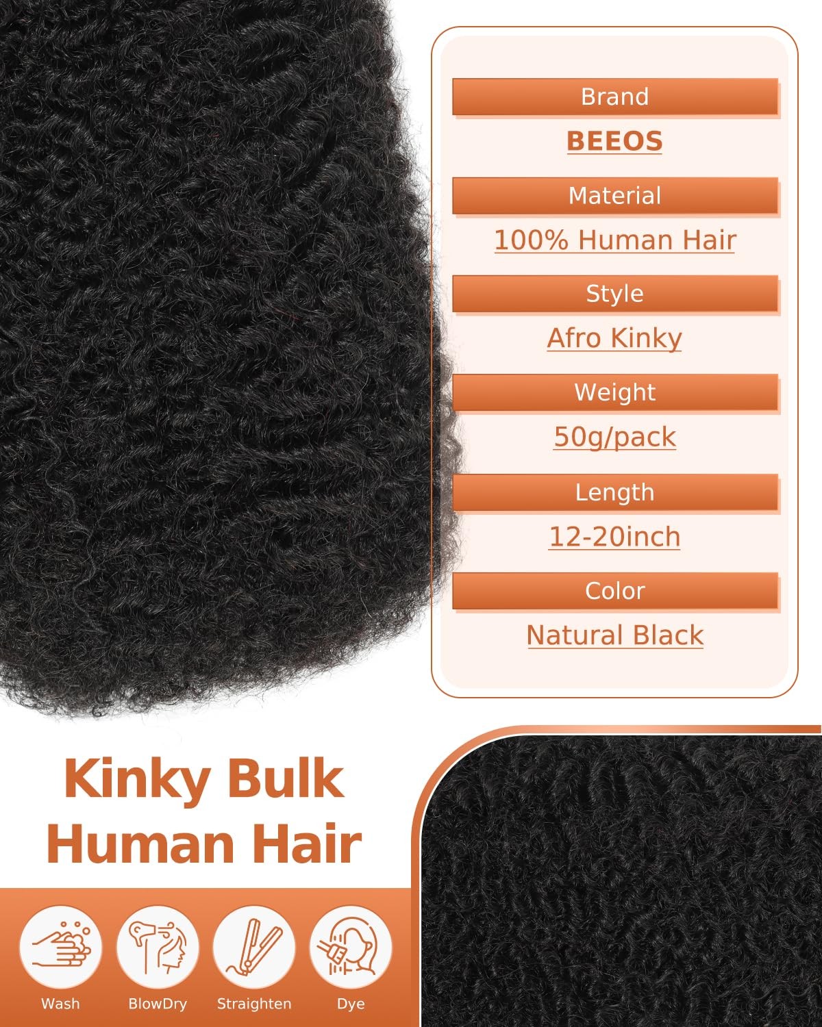 Beeos Afro Kinkys Bulk Human Hair Natural Black 4C Curly For Braids 50Gram