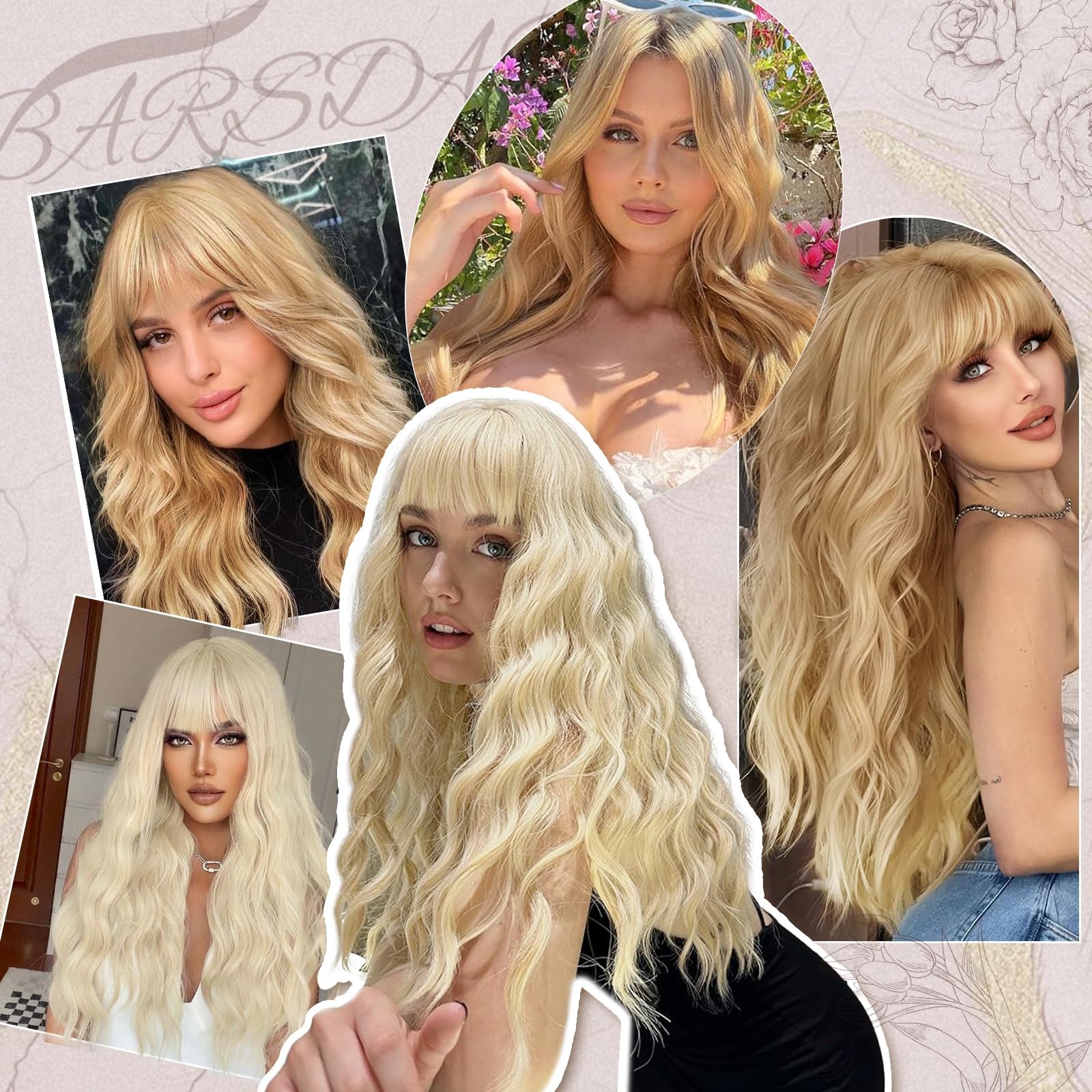 Long Wavy Blonde Wig With Bangs – 26 Inch Long Wavy Blonde Wig with Bangs for…