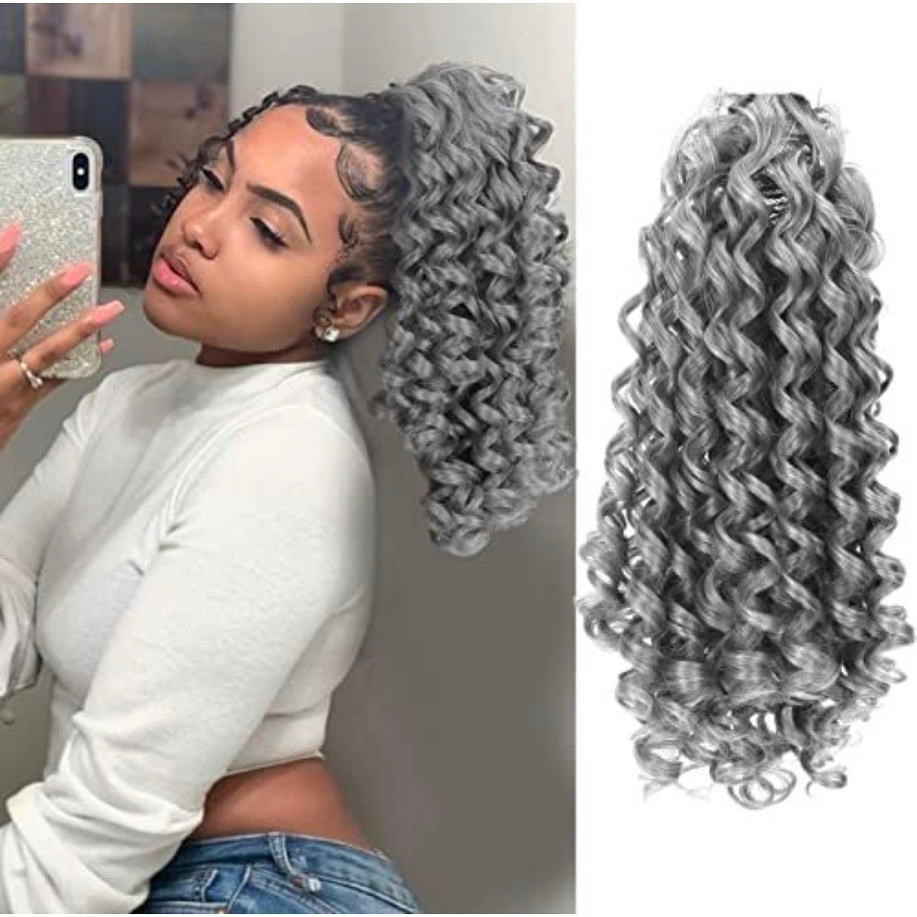 KRSI 14 Inch Curly Hair Extension Drawstring Ponytail Synthetic Gray Hairpiece