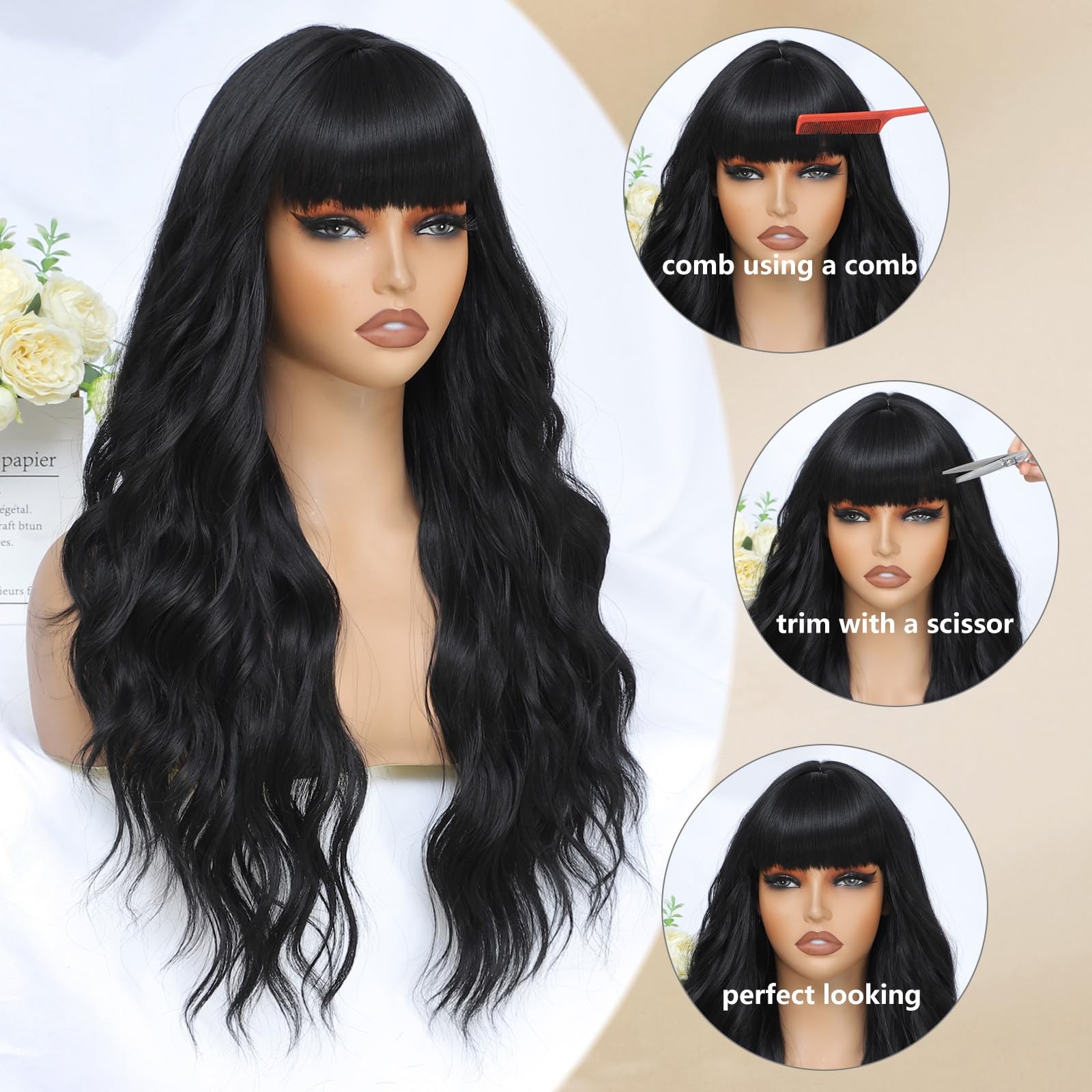 Black Wig with Bangs for Women Long Black Wavy Wigs 26 Inch Natural Black Wigs N