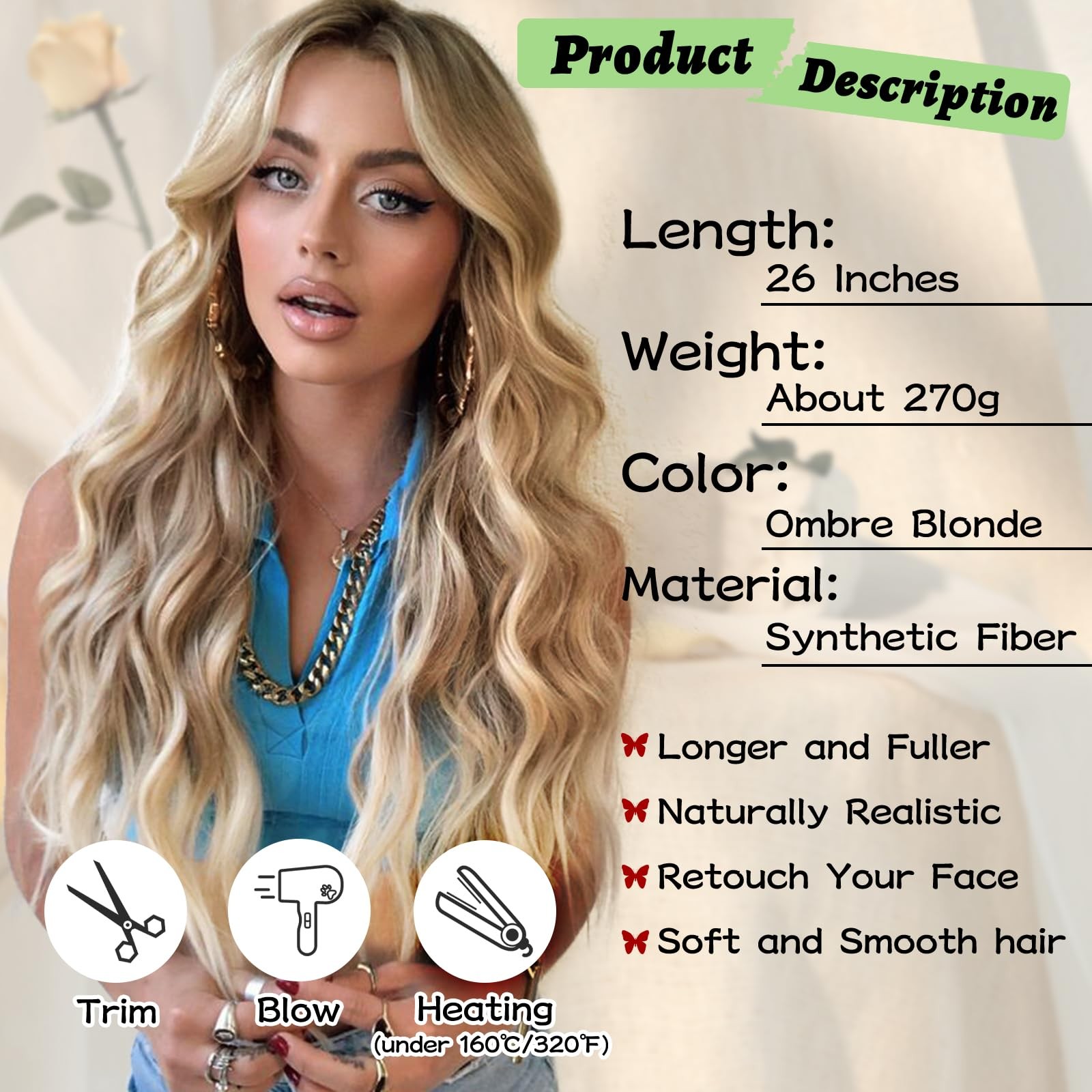 Ombre Blonde Wig 28 Inch Middle Part Wigs for Women Synthetic Hair Long Wavy …
