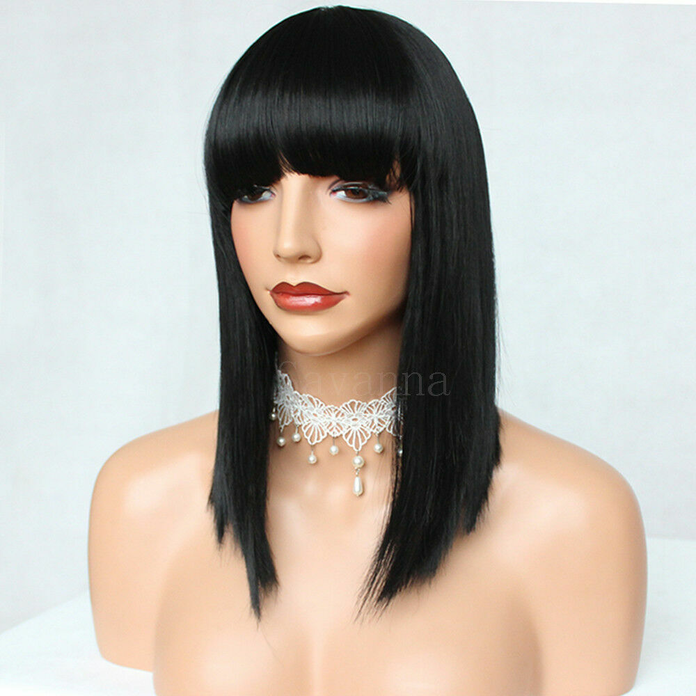 Black Bob Wigs with Bangs Straight Blunt Cut Shoulder Length Short Wig for Women