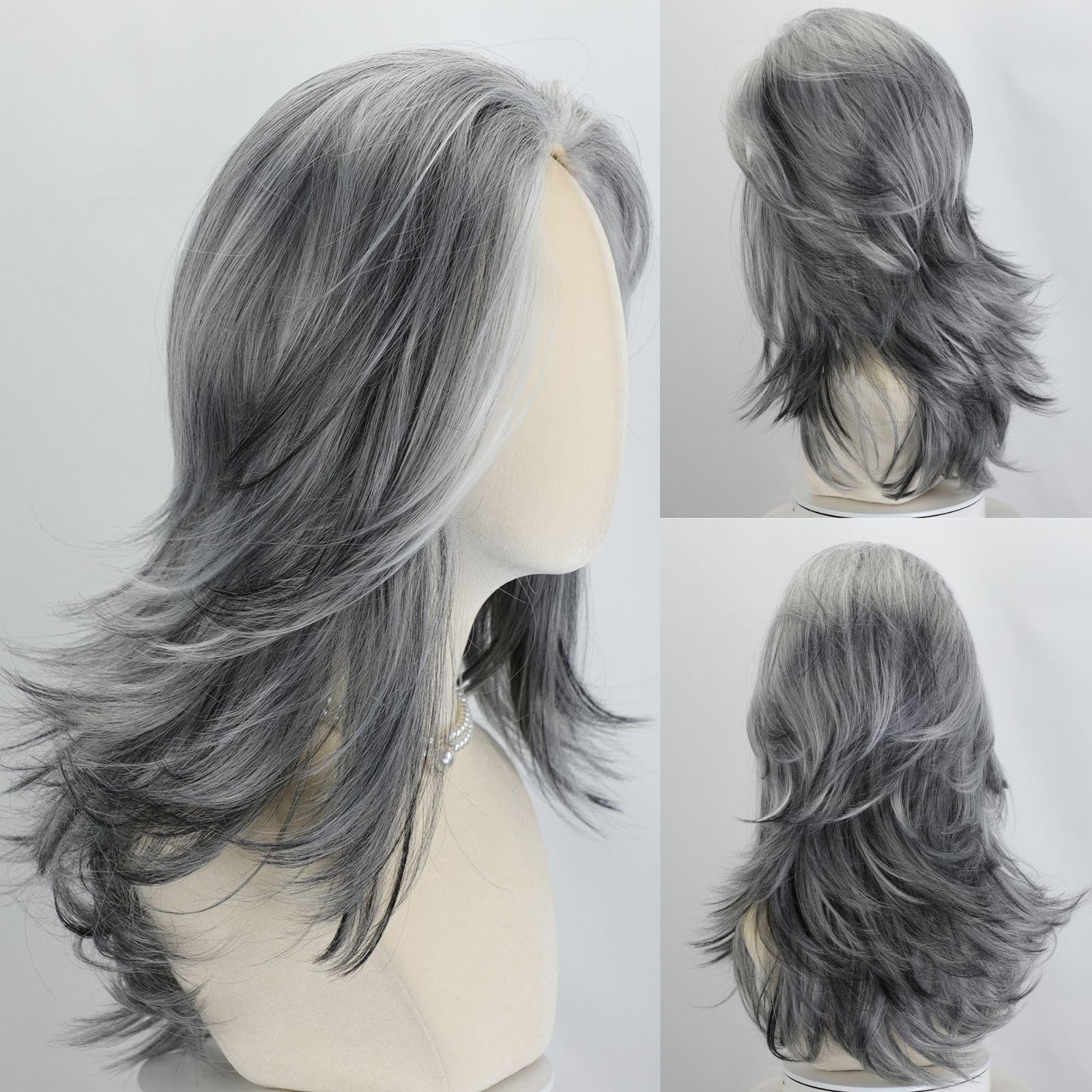 Silver Grey Wigs For White Women 20 Inch Medium-length Wavy Layered Salt Pepp…