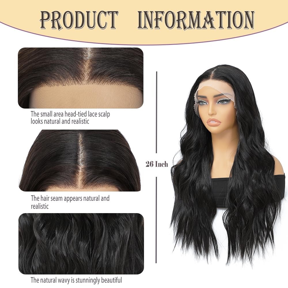 Synthetic Lace Front Wig 26 Inch Black Wig for Women 13x4x1 T-Part Long Wavy …