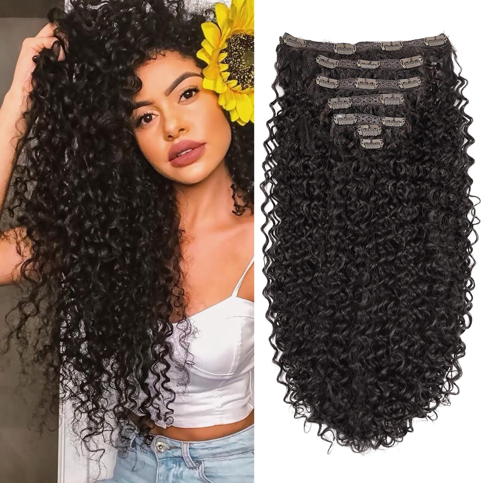 Clip In Hair Extensions – 140G Synthetic hair Dark Brown Clip in Human Hair F…