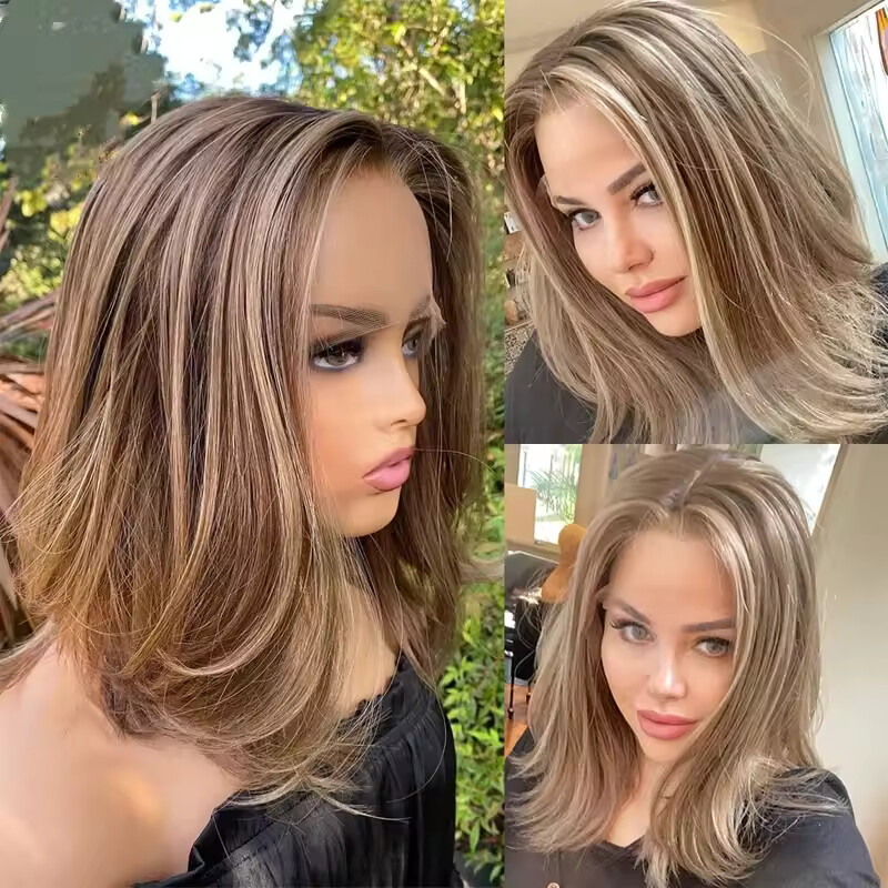 Highlight Ash Blonde with Brown Colored 13×4 Lace Front Wig Human Hair