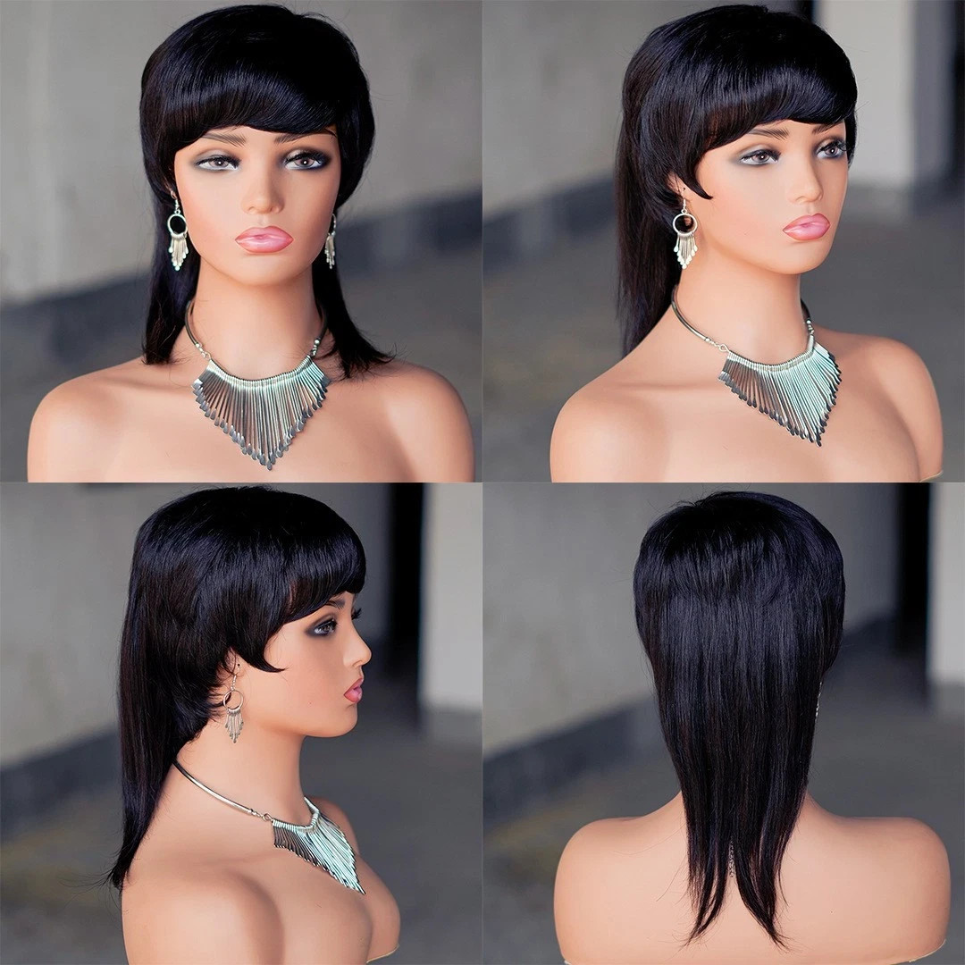 Black Pixie Cut With Bangs Human Hair Mullet Wigs for Women Fashion Straight Wig