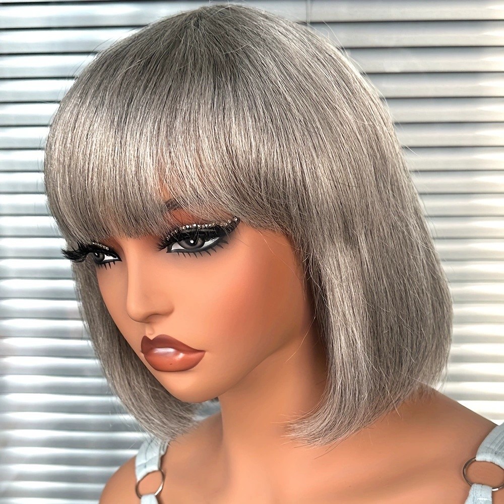 Salt and Pepper Short Bob Wigs Gray Wig with Bangs 100% Human Hair Full Machine
