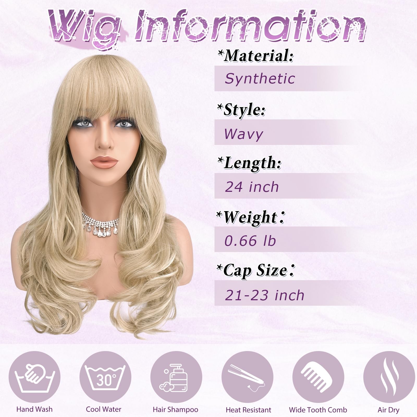 Blonde Wigs with Bangs Long Wavy Layered Haircut Natural Looking Fluffy Synth…