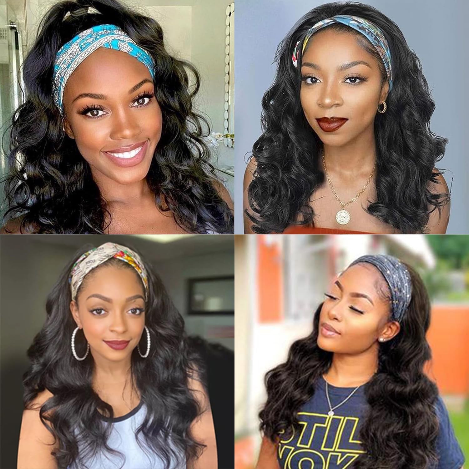 Ghaadd Headband Wig Human Hair Body Wave Wigs for 16 Inch, black