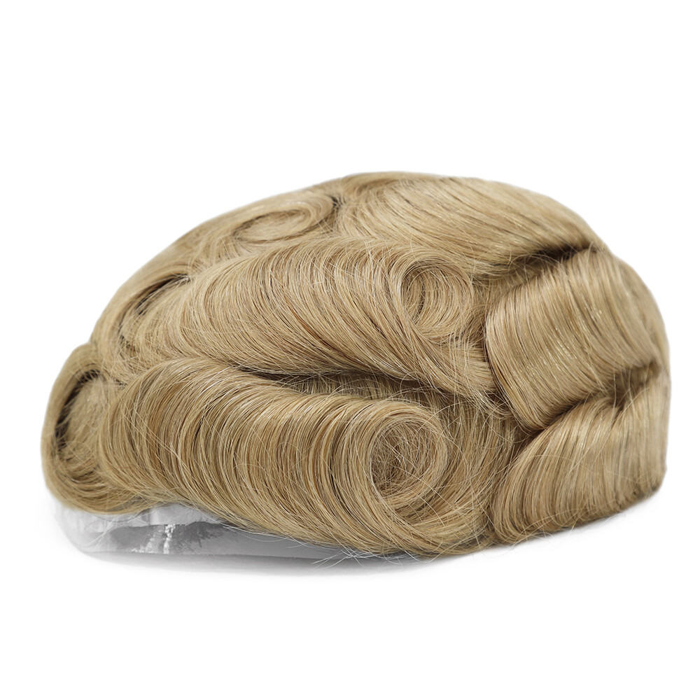 Super Mens Toupee Thin Skin Human Hair Replacement System Gent Hairpiece Blond