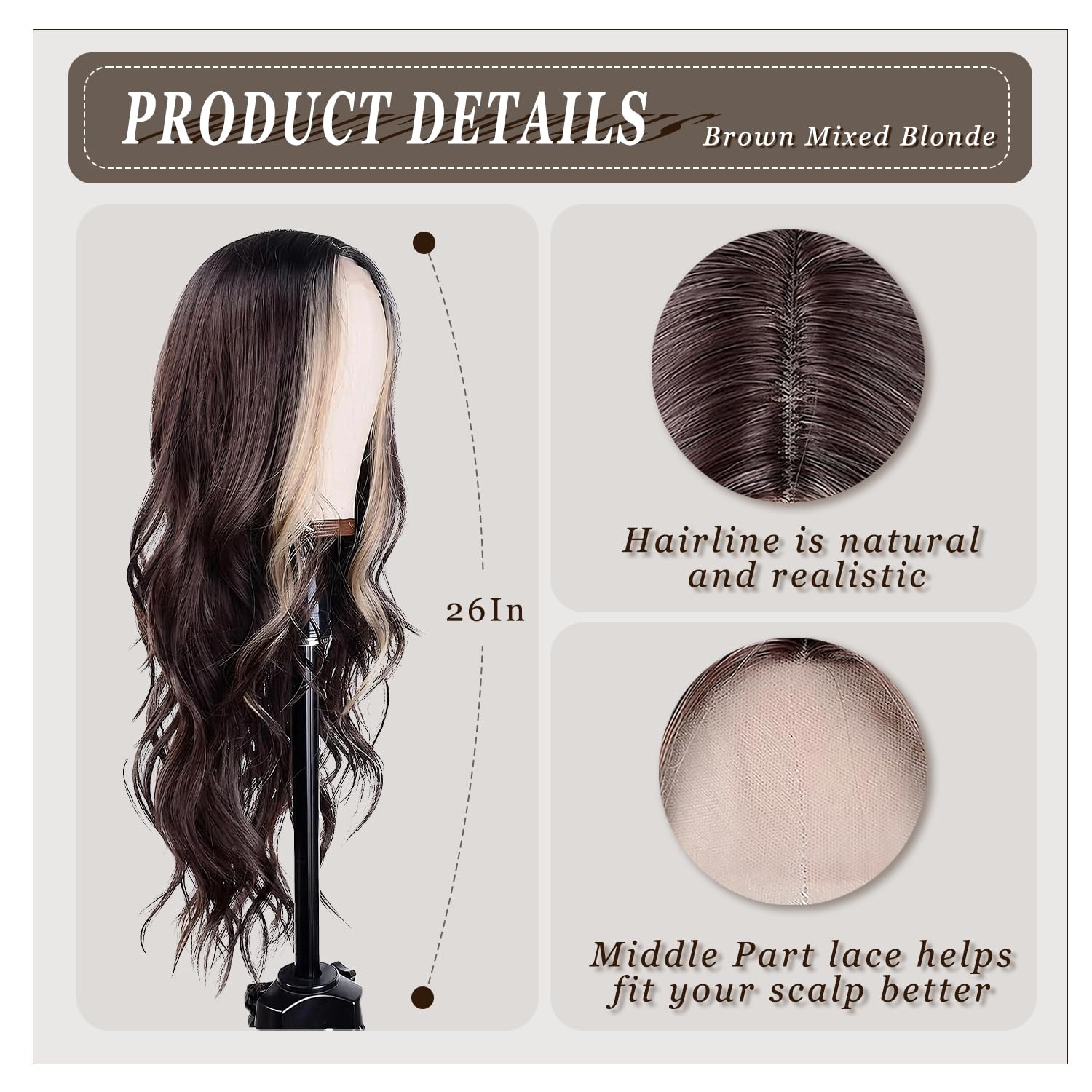 Brown Mixed Blonde Wig for Women 26 Inch Long Wavy Synthetic Wig with Middle …