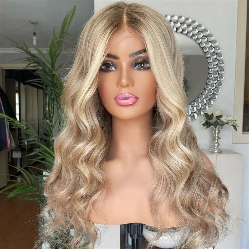 13×4 Lace Front Wigs Ash Blonde with Honey Blonde Highlight Body Wave Human Hair