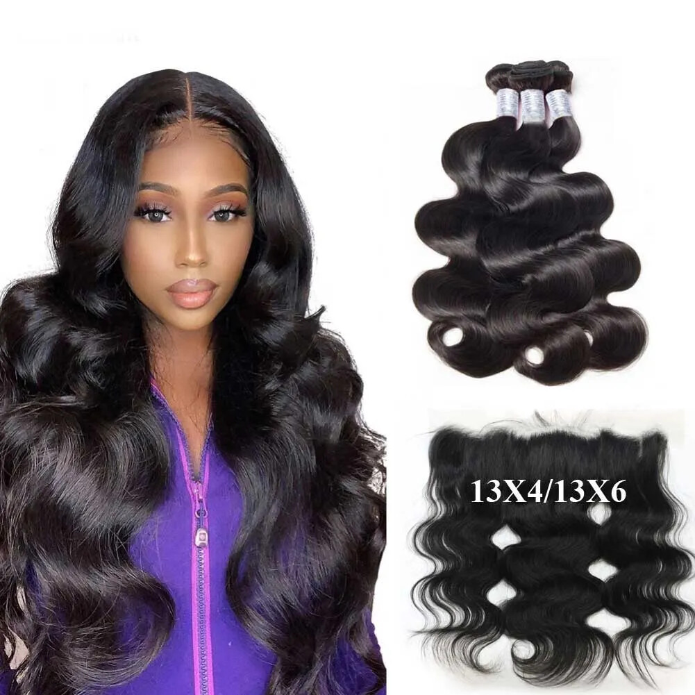 12A BRAZILIAN VIRGIN HUMAN HAIR BODY WAVE HD LACE BUNDLES 13X4/13X6 HD COLOR 1B#