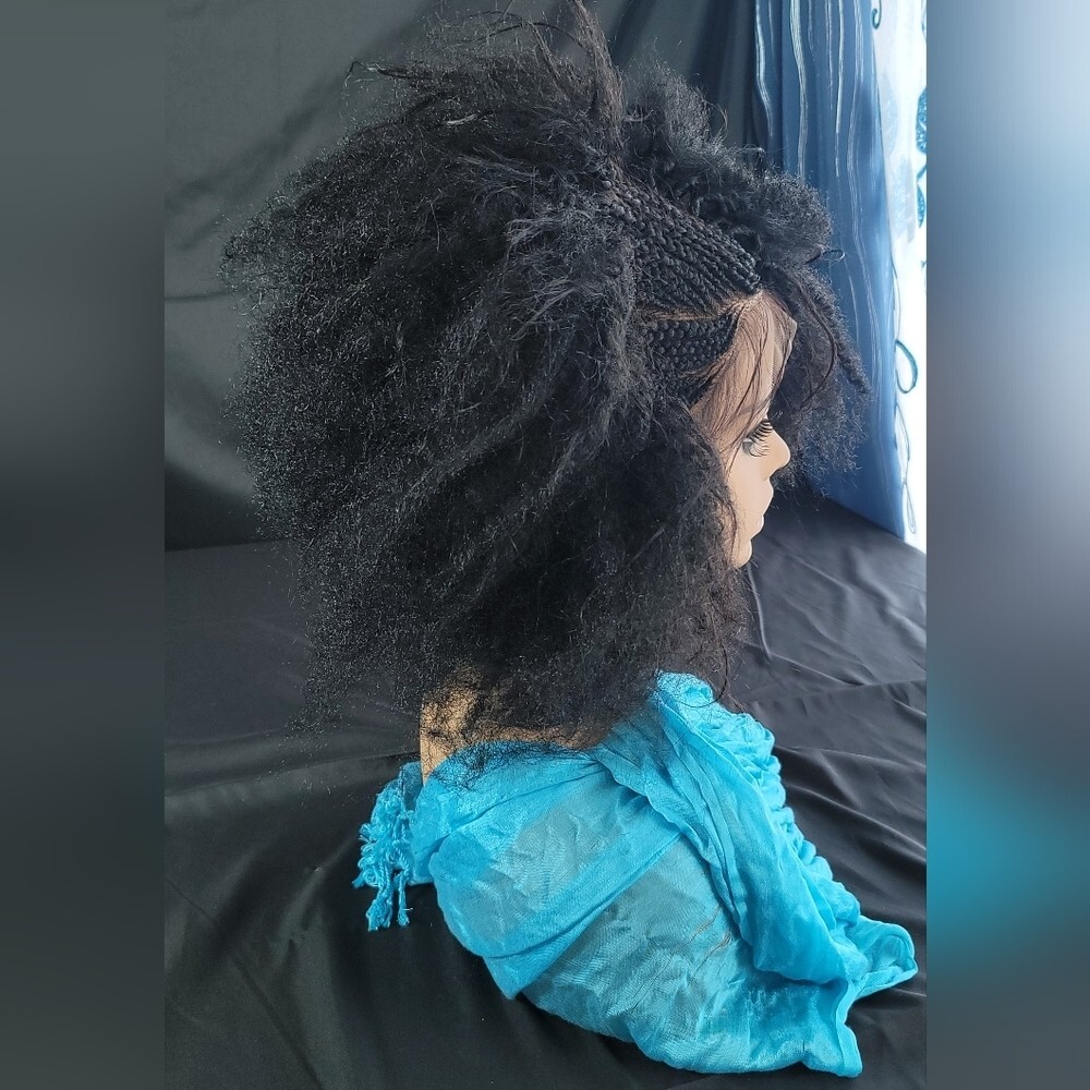 Braided Wig Short Afro Kinky Black Lace Front Glueless Baby Hair 4″ Handmade NWT