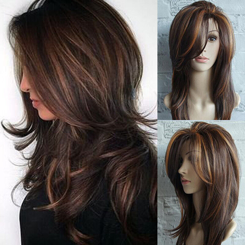 Women Dark Brown w/Gold Highlight Ombre Shoulder Length Wig Synthetic Curly Hair