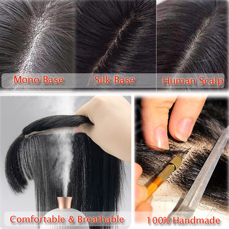 Top Silk Base 100% Remy Human Hair Topper Toupee Top Hairpiece Clip In Bangs Wig