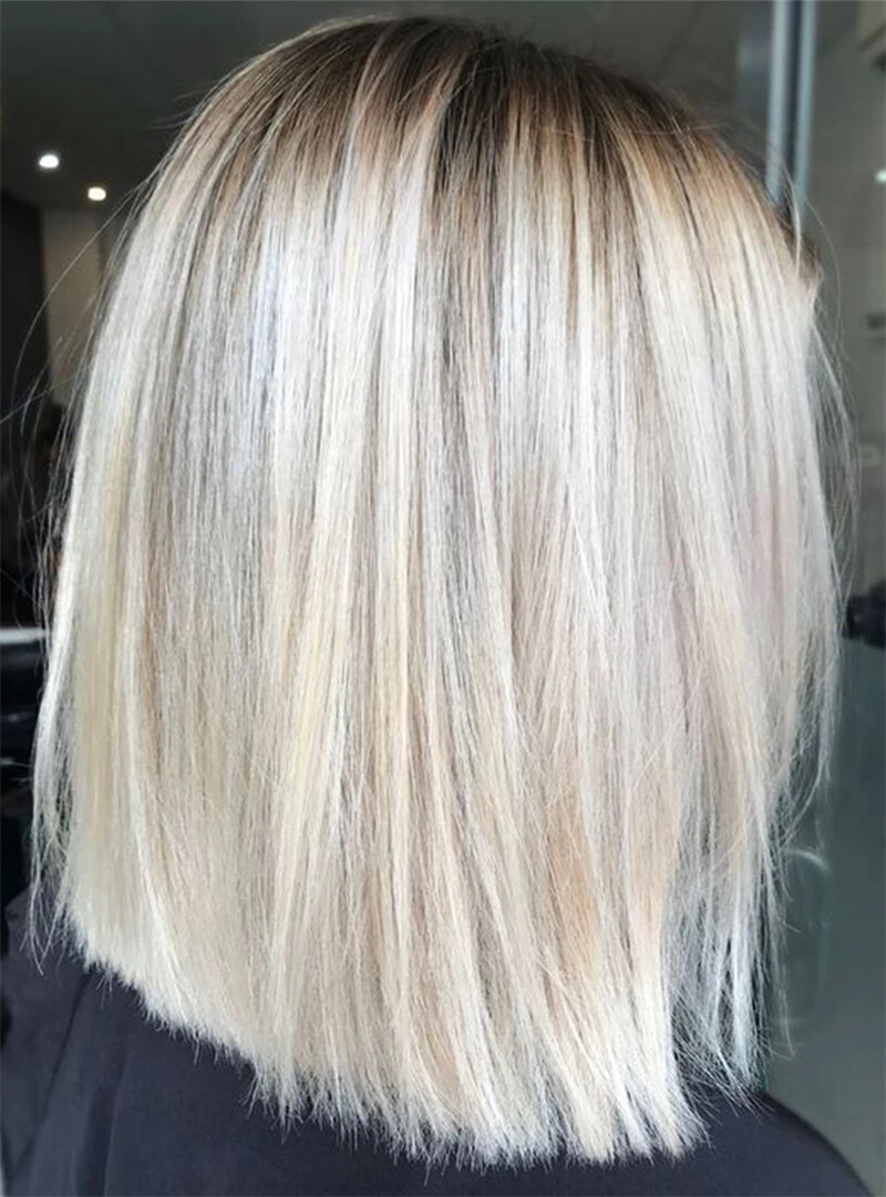 Short Bob Remy Human Hair Wig Ash Blonde Highlight 13×4 Lace Front Straight Wig