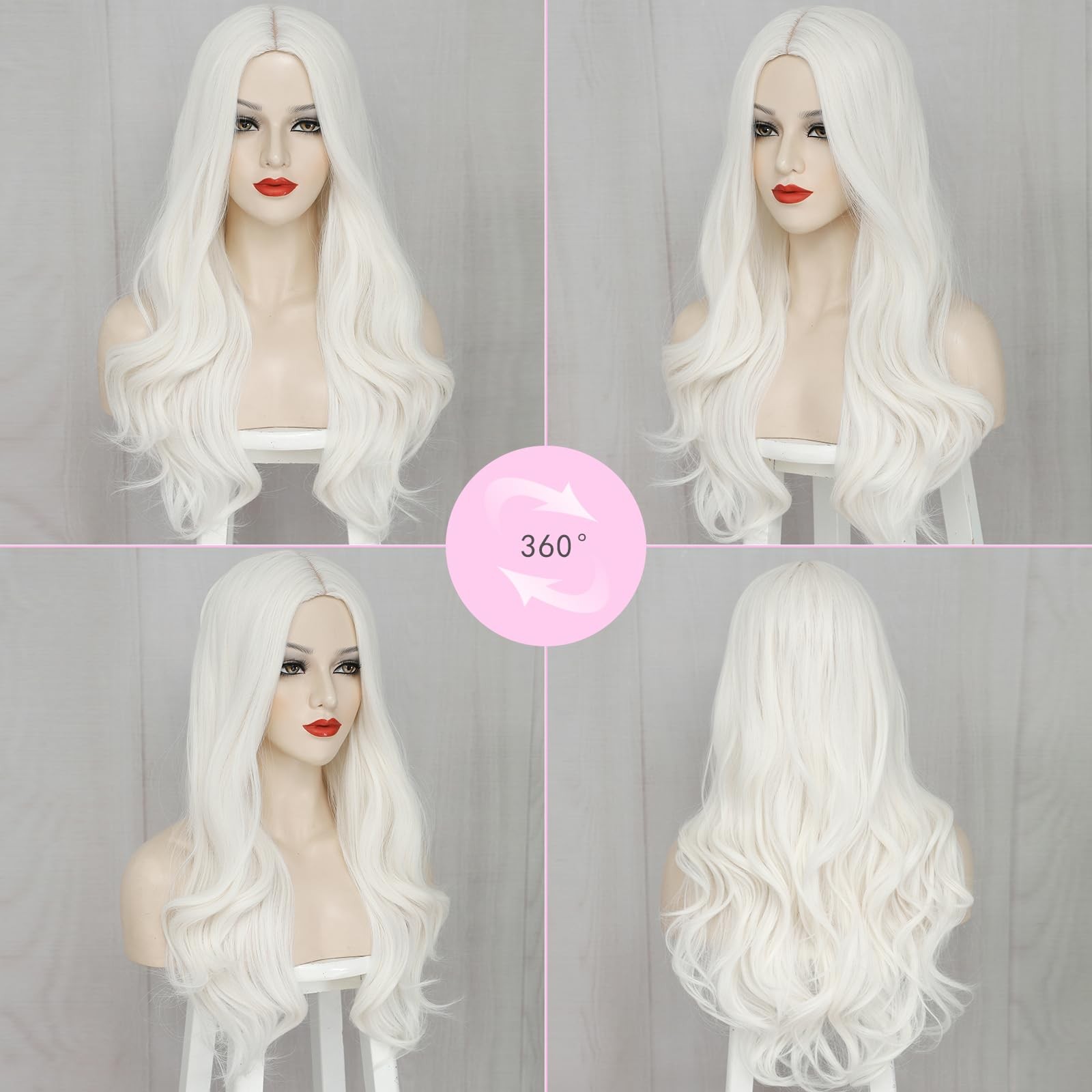 White Wig – 26 Inch Synthetic Wavy Wig for Women – Natural Looking – Middle P…