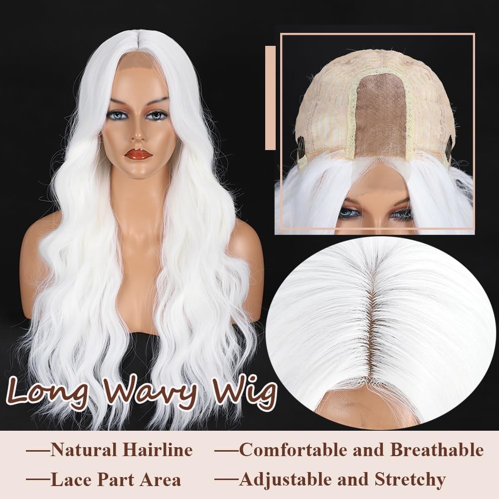 White Wigs for Women 26 Inch White Long Wavy Wig Middle Part Glueless Lace Wi…