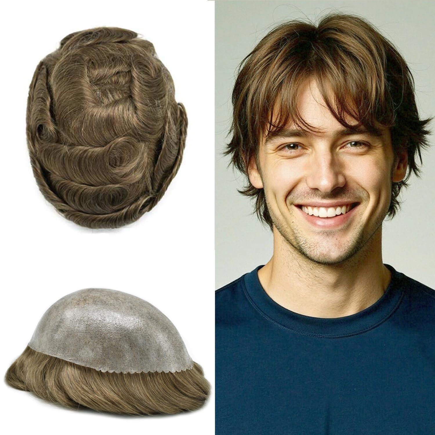 Full Poly Thin Skin Mens Toupee Hairpiece Human Hair System Replacement Wigs
