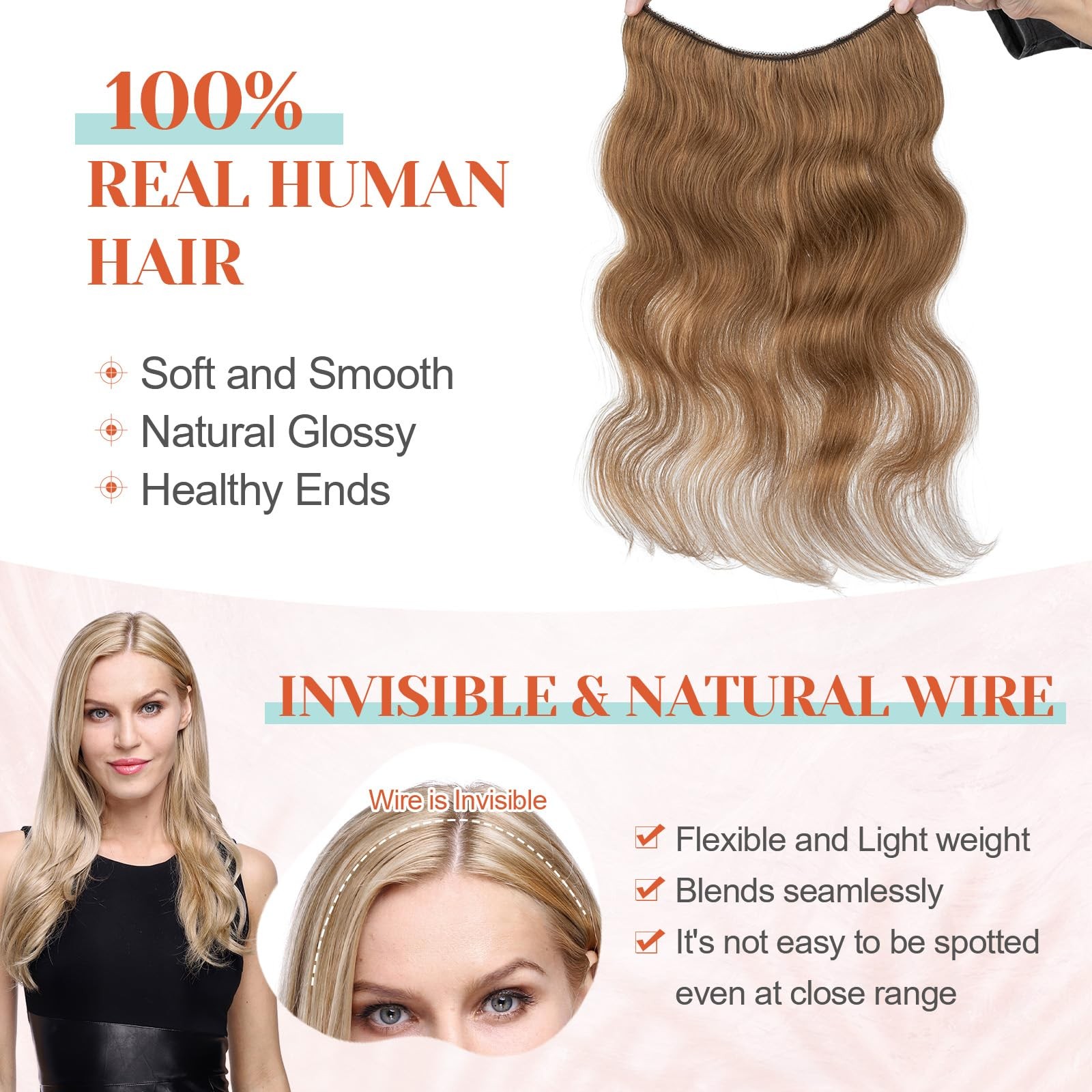 Benehair Halo – 100 Real Human Brown Wavy/Curly Wire Extension Light