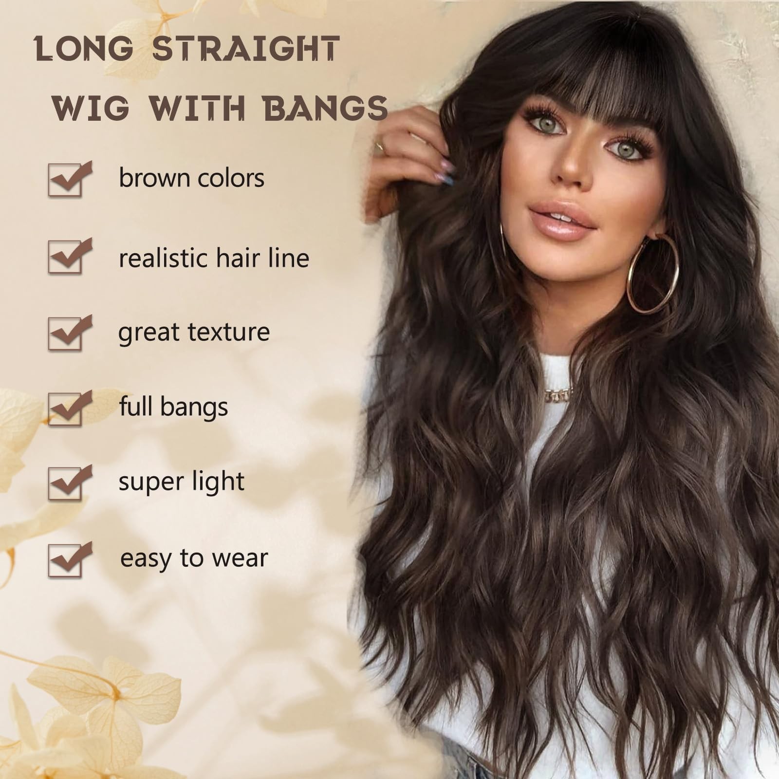Brown Wig with Bangs for Women Long Brown Wavy Wigs 26 Inch Dark Brown Wigs N…