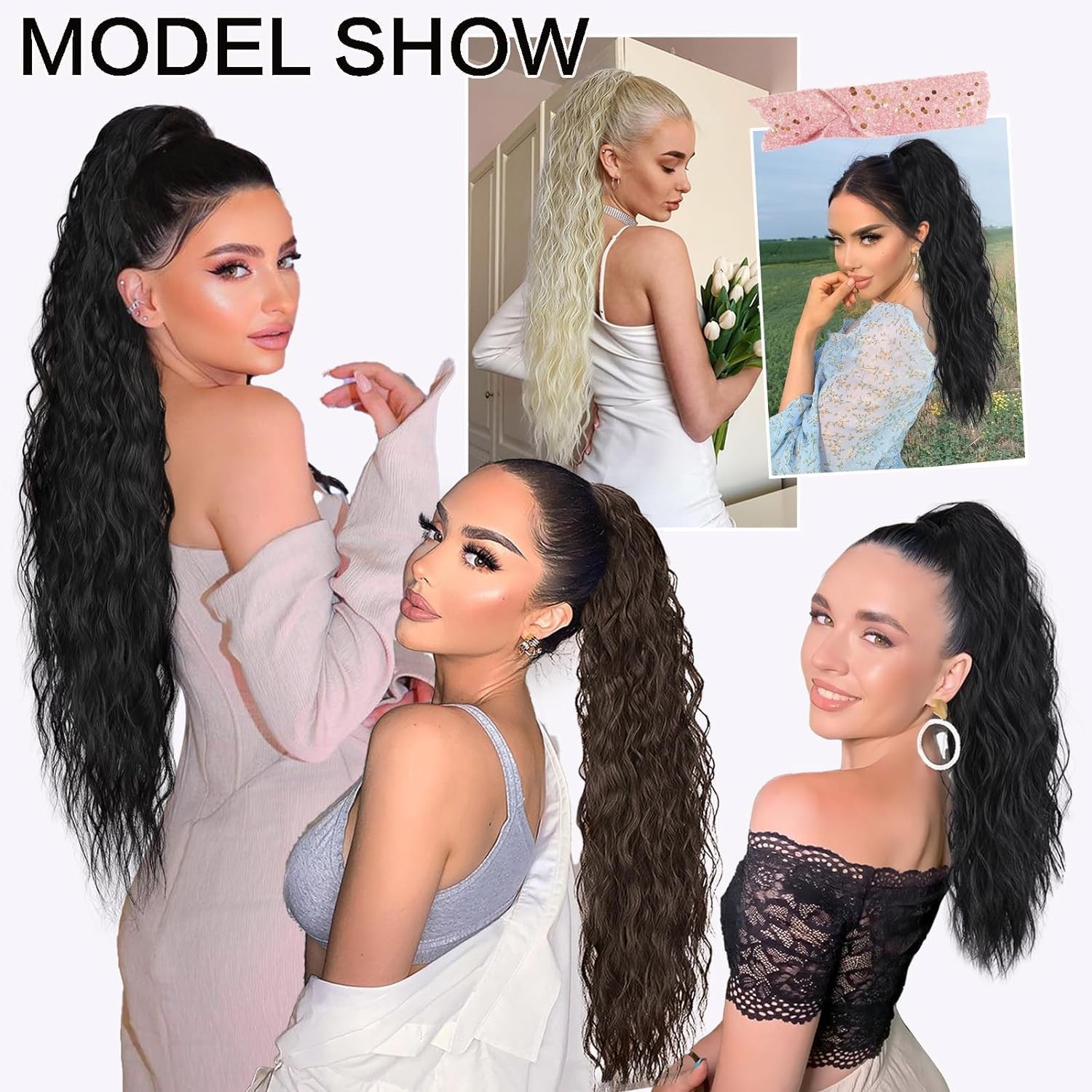 Curly Wavy Ponytail Extension 26 Inch Drawstring Black 1B – Lightweight Natural