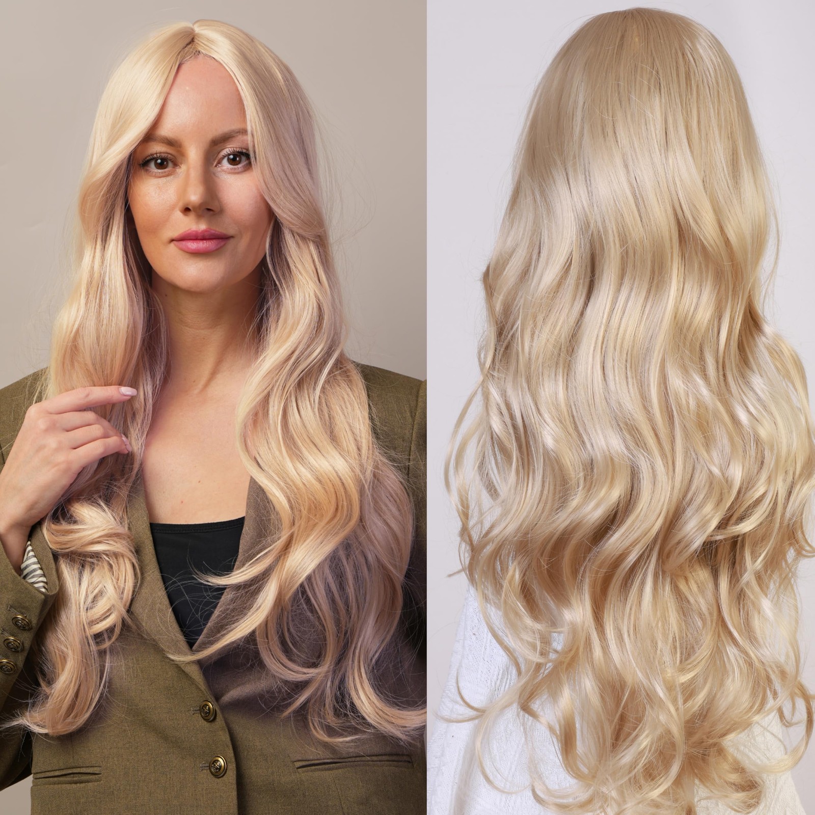 Platinum Blonde Wig Long Middle part Curly Wavy Style Women’s Wig with Glue f…