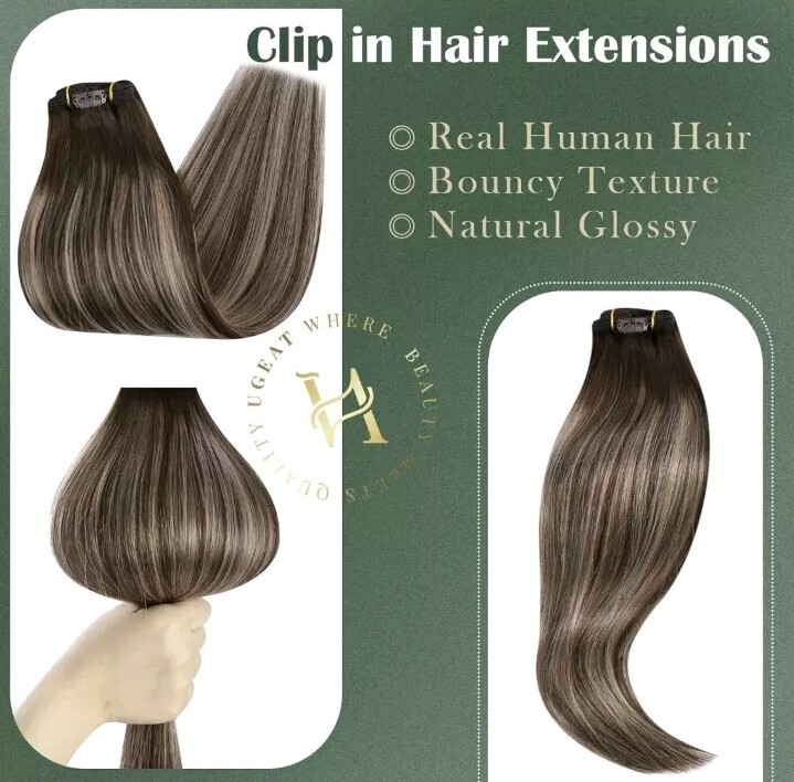 Ugeat Straight Clip in Hair Extensions Balayage Brown With Blonde Hair, 5pc-12in