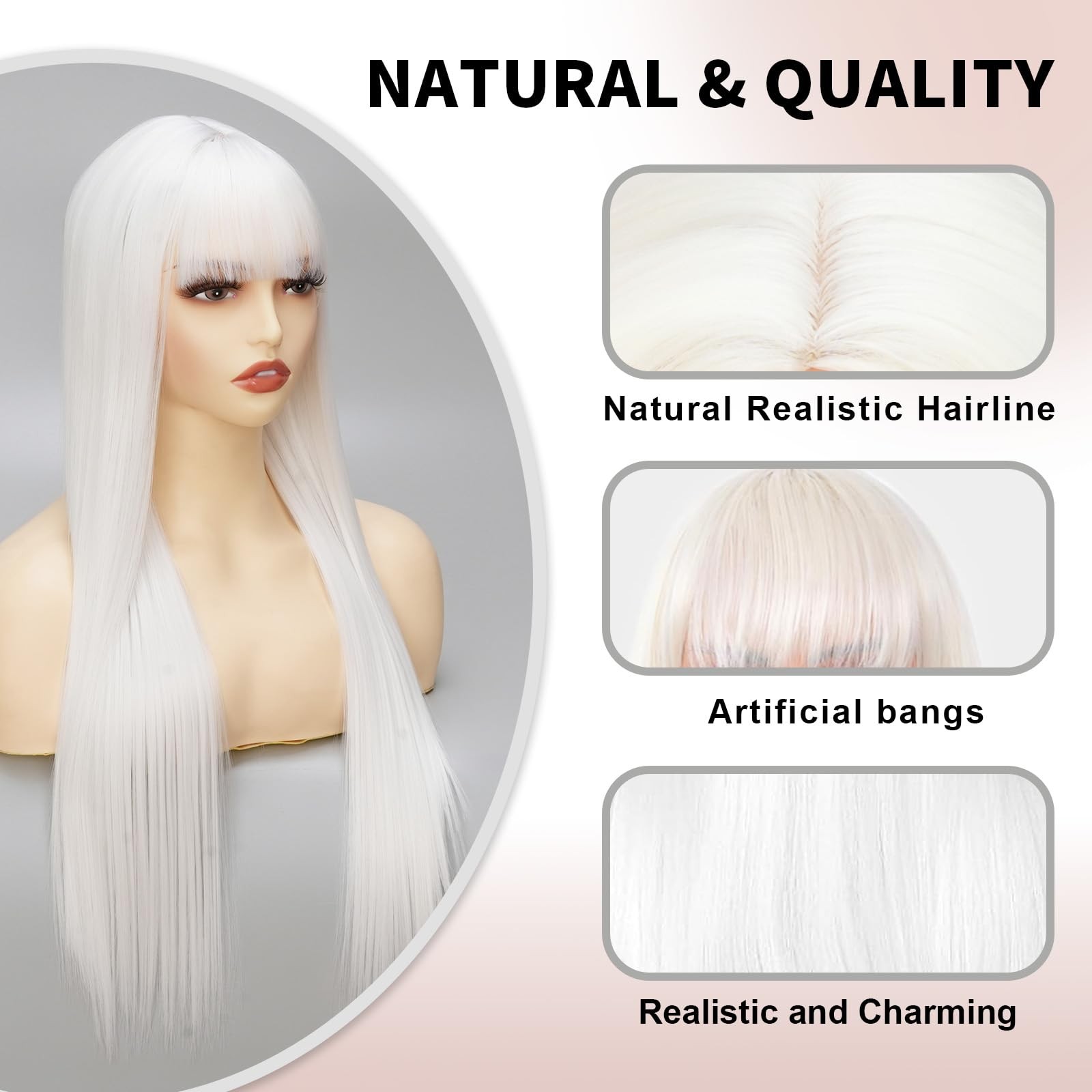 White Long Straight Wig for Women with Bangs Synthetic Hair Natural Looking H…