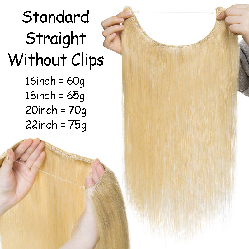 Invisible Ring Clip in Wire Fish Line Weft Remy Human Hair Extensions Hairpiece