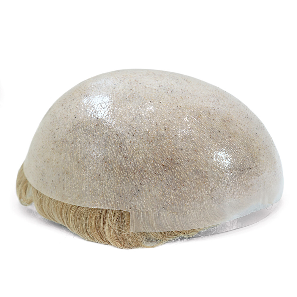 Super Mens Toupee Thin Skin Human Hair Replacement System Gent Hairpiece Blond