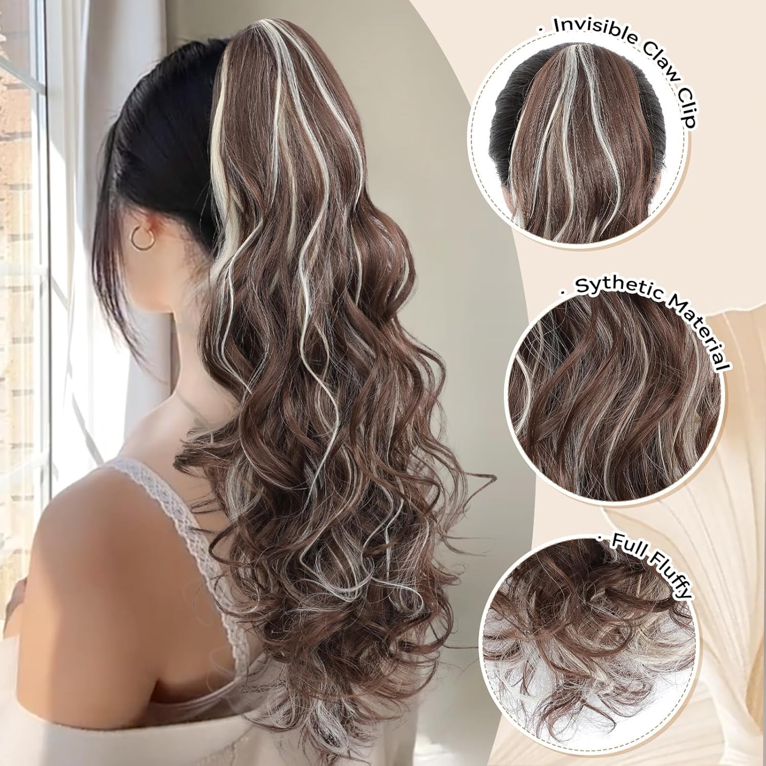 24″ Ponytail Extension, Long Curly Wavy Claw Clip and Natural-Looking Synthetic