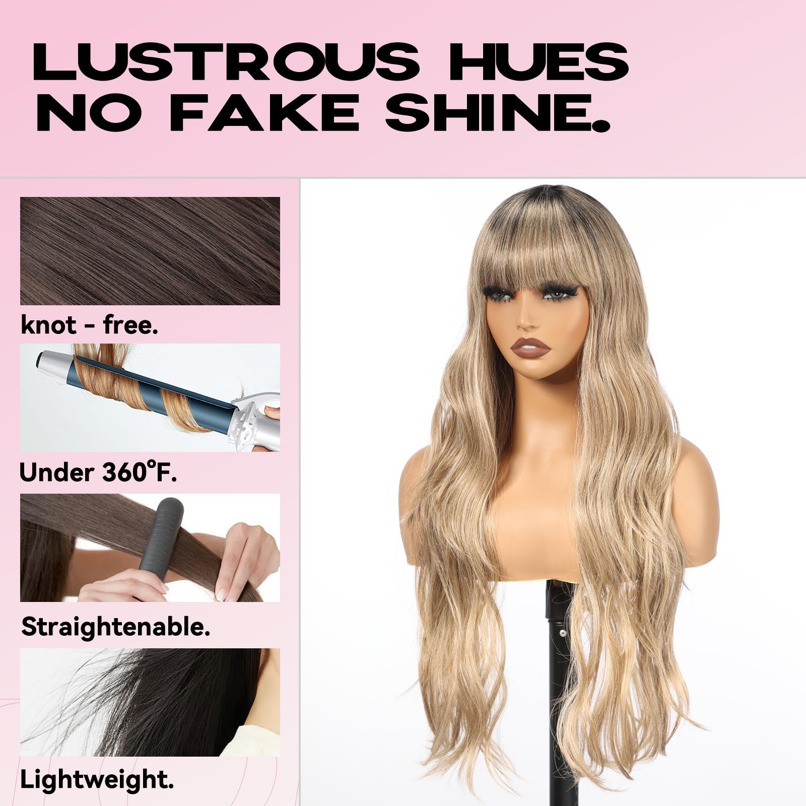 Long Ombre Blonde Wig with Bangs for Women, 26 Inch Long Curly Lace Wig Natur…