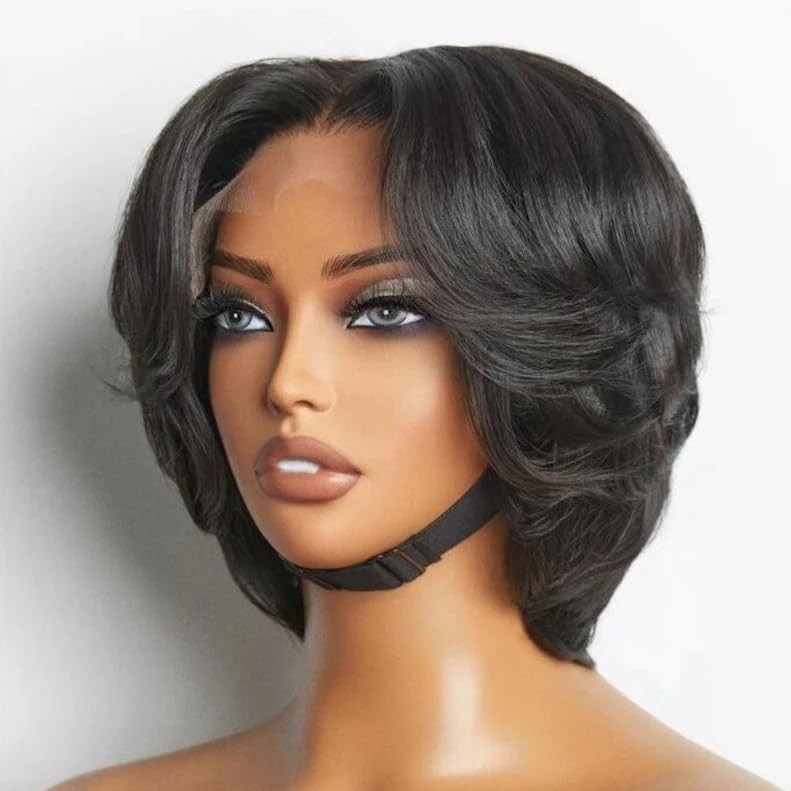 SisBroSis 4×4 Pixie Cut Human Hair Wig Lace Closure Middle Part 1B
